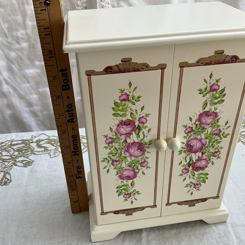 Vintage Avon Floral Wooden Jewelry Armoire Box Cream Pink Roses Cottagecore